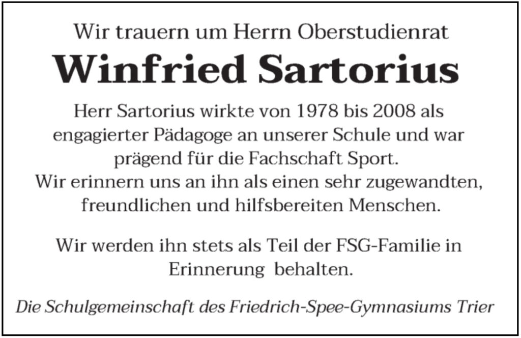 Trauer um Winfried Sartorius