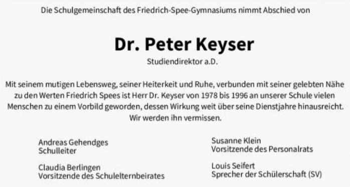 Trauer um Dr. Peter Keyser